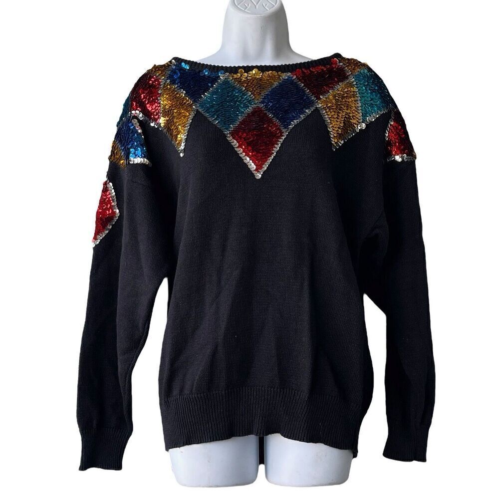 Vintage CELINA YANG Holiday Sequins Sweater Size M Retro Black Knit Long Sleeve